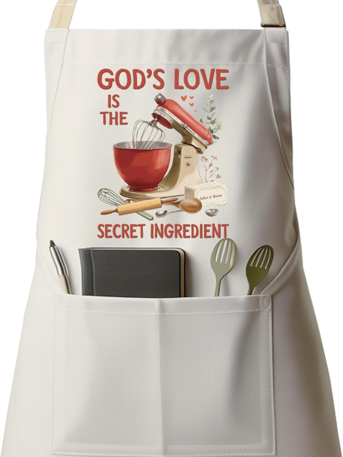 Christian Apron for Women Men, Cooking Kitchen BBQ Chef Bible Aprons Gifts for Christian Lover, Adjustable Neck Strap with 2 Pockets, Love is The Secret Ingrendient