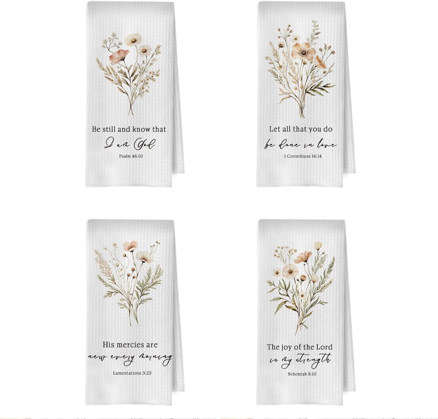 Floral Christian Kitchen Towels Set – Bible Verse Decorative Waffle Dish Towels, Christian Religious Gifts Hand Towel, Scripture Gifts Tea Towel, 16×24 Inch Set of 4