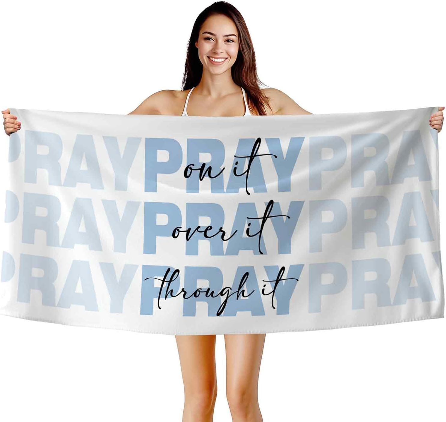 Christian Pray Beach Towel, Scripture Bible Verse Pray on Over Through It Bath Towels for Bathroom Swimming Pool Girls, Blue Pretty Religious Microfiber Beach Towels Oversized Decor 30x60in