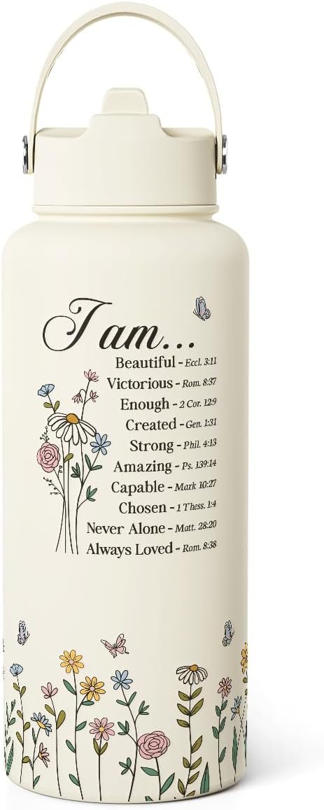 Christian Inspiration Water Bottle 32oz Stainless Steel with Lid & Straw, Inspirarional Insulated Bottles for Women Girls, Religious Inspirational Gift Idea for Birthday Christmas
