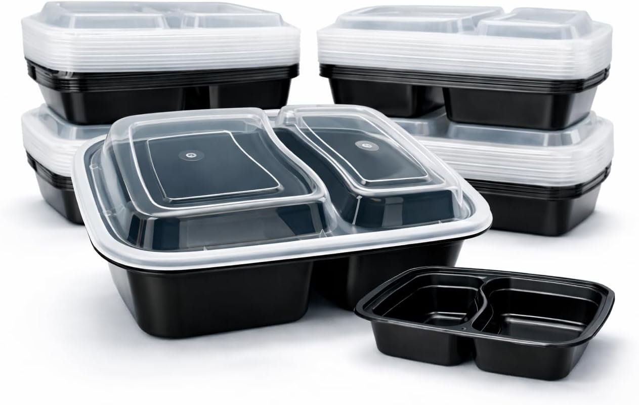 4U’LIFE 28 oz Meal Prep Containers, 12 Pack, 2-Compartment Bento Boxes