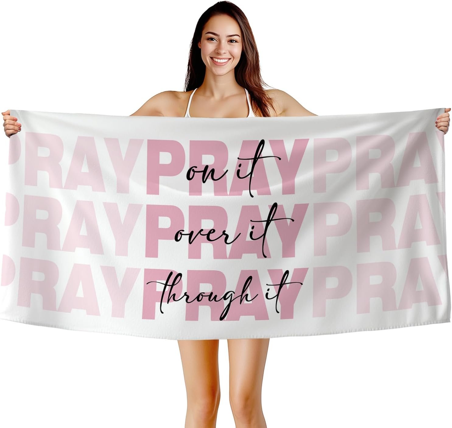 Christian Pray Beach Towel, Scripture Bible Verse Pray on Over Through It Bath Towels for Bathroom Swimming Pool Girls, Pink Pretty Religious Microfiber Beach Towels Oversized Decor 30x60in