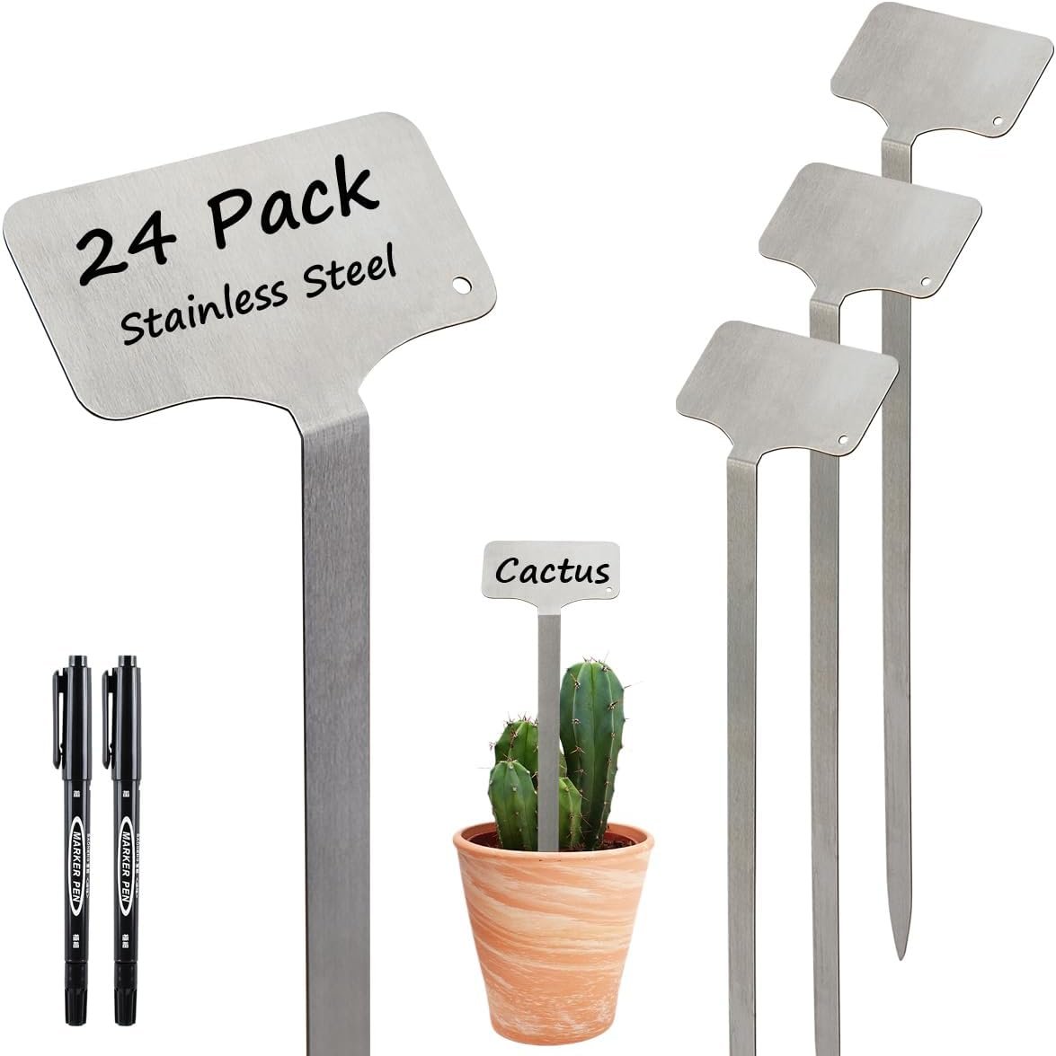 24 Pack Stainless Steel Plant Labels, Waterproof Metal Plant Markers for Outdoor Garden, Greenhouse, Vegetables, Herbs, Flowers – Comes with 2 Permanent Markers (Large-12.5 in L)