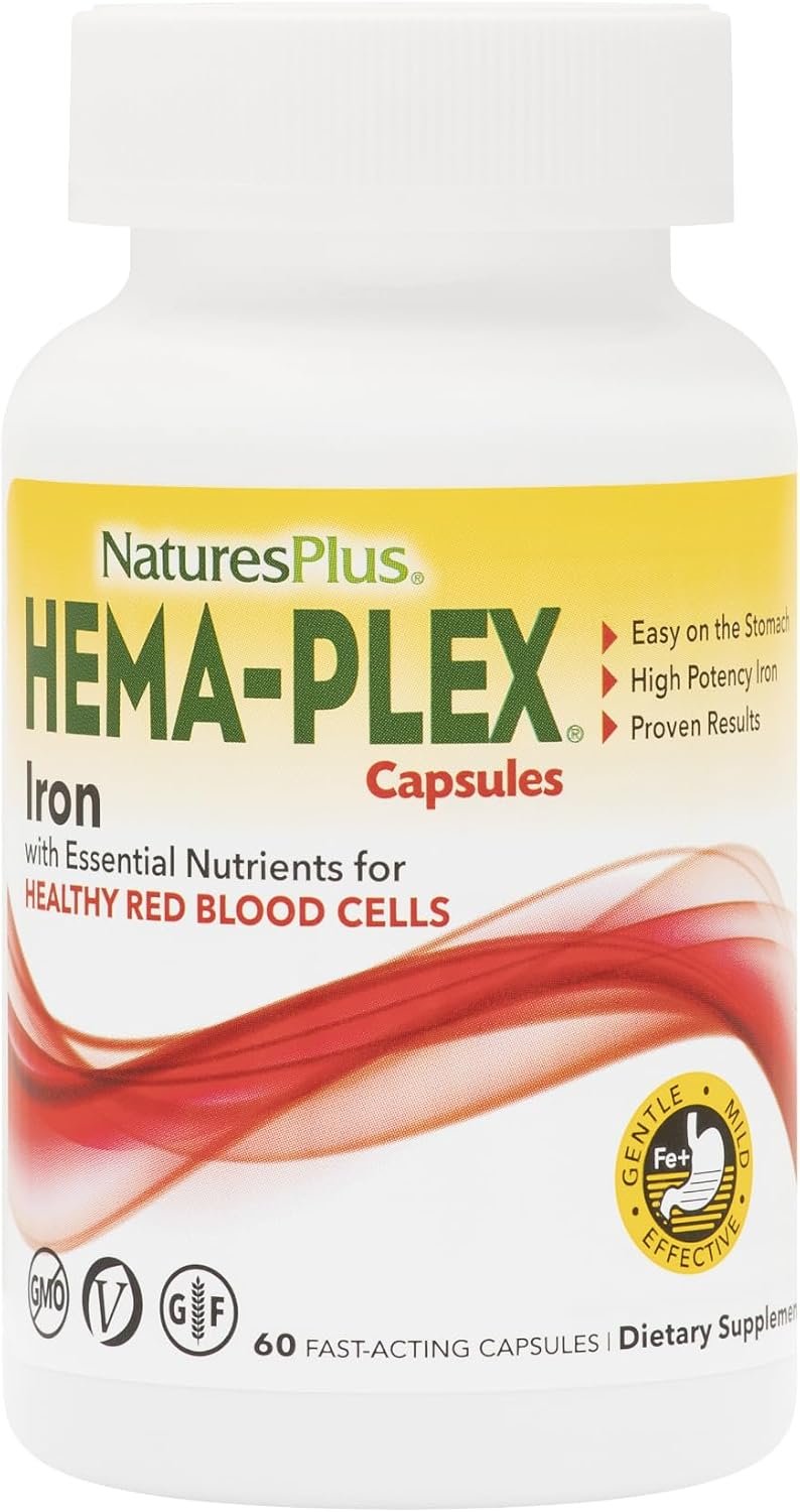 NaturesPlus Hema-Plex Iron – 60 Fast-Acting Capsules – 85 mg Chelated Iron + Vitamin C & Bioflavonoids for Healthy Red Blood Cells – Vegan, Gluten Free – 30 Servings