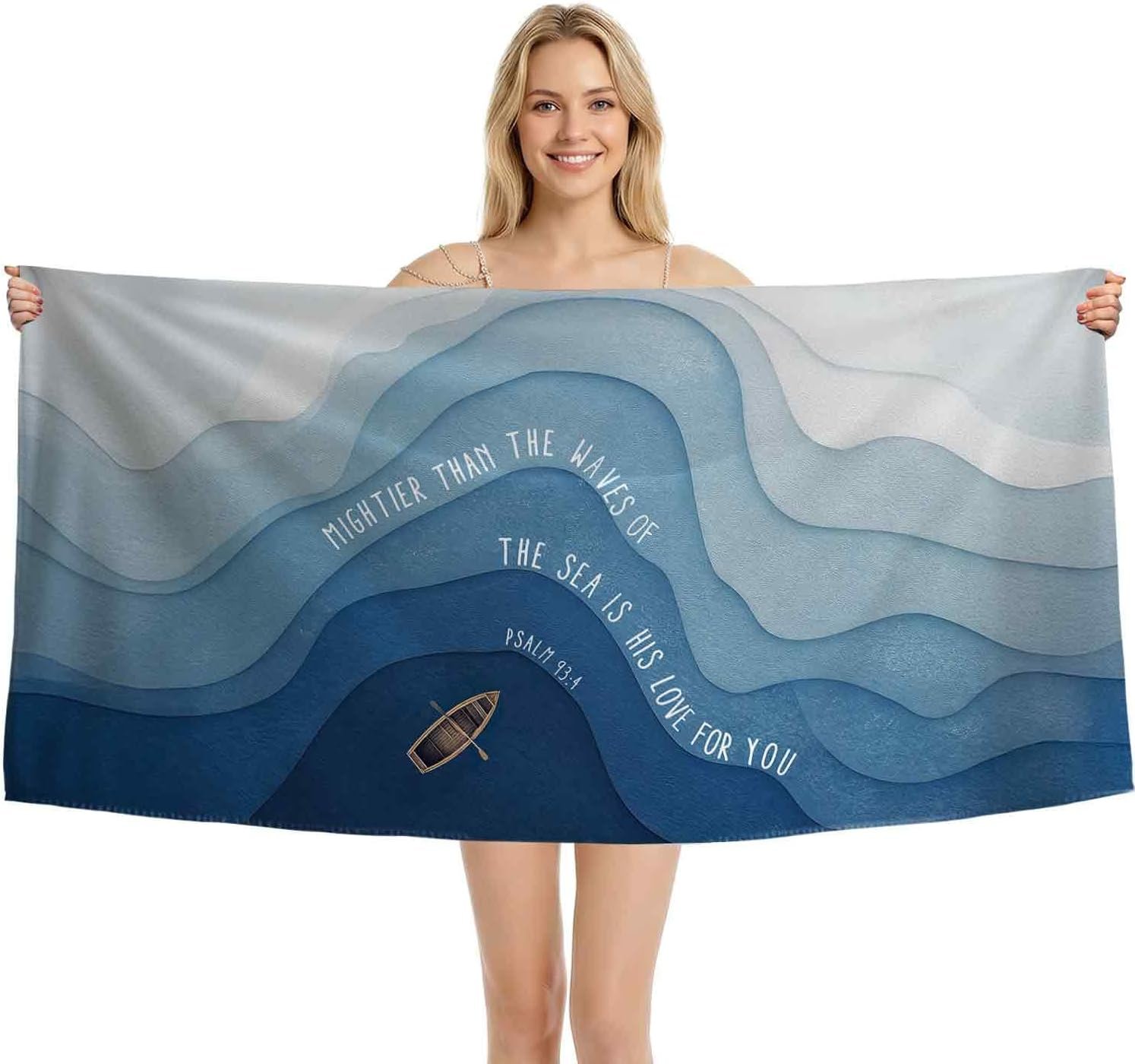 Christian Blue Sea Beach Towel, Bible Verse Mightier Than The Waves Quick Dry Microfiber Towels for Bathroom Pool Travel Camping, Ocean Coastal Bath Towels Oversized Gifts for Women 30x60inch
