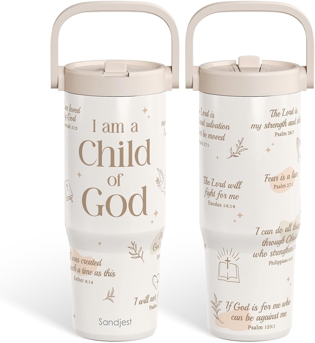 SANDJEST Christian Stainless Steel Straw Lid Tumbler 30oz with Carry Handle for Women Girls, Child of God Insulated Travel Coffee Cup, Gift for Sports Outdoor Workout Christmas Birthday