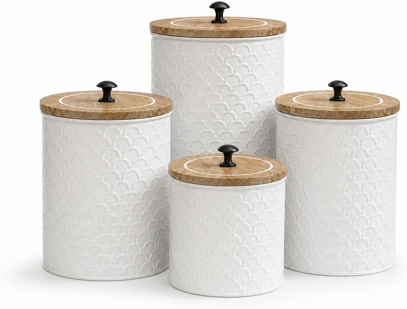 White Metal Kitchen Canister Set of 4 with Wooden Lids, Embossed Fish Scale Storage Containers for Coffee, Tea, Candy & Pet Treats, Farmhouse Decorative Food Jars
