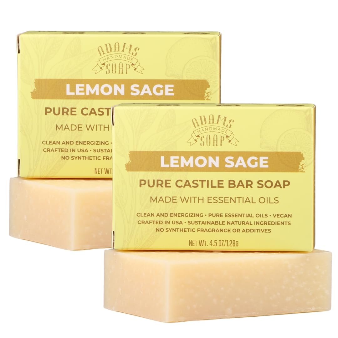 Adams Handmade Soap Lemon Sage Pure Castile Bar Soap – 4.5 oz | Vegan, Cold Process, Essential Oils, 84% Organic, Fair Trade, No Additives, USA Made