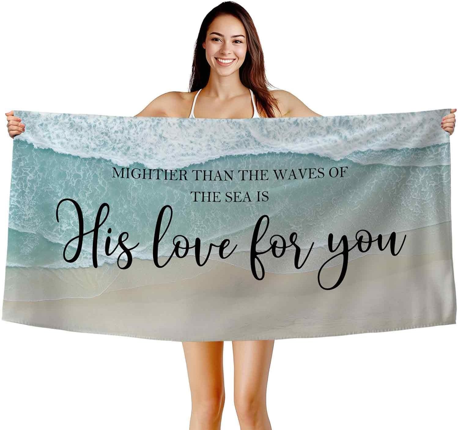 Christian Coastal Sea Beach Towel, Scripture Bible Verse Mightier Than The Waves Bath Towels for Bathroom Swimming Pool, Ocean Summer Microfiber Beach Towels Oversized Decor 30x60in
