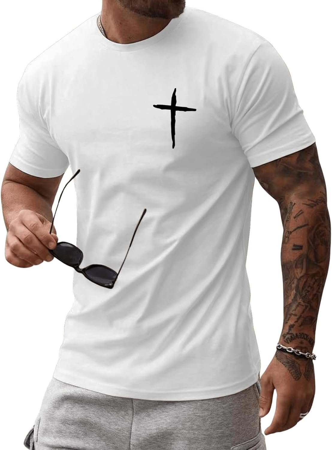 Mens Short Sleeve Cotton T-Shirts Crew Neck Jesus Cross Printed Shirts Faith Christ Shirts