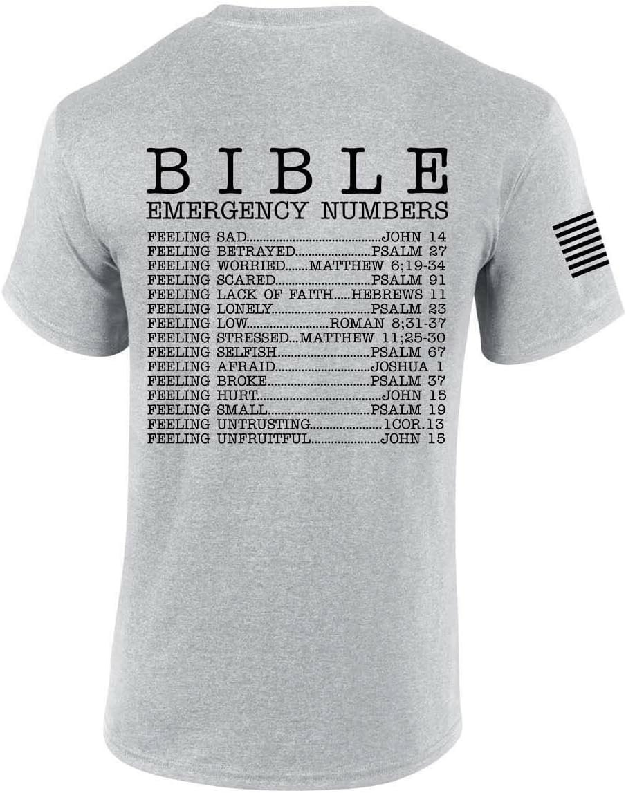 Mens Christian Bible Emergency Numbers Scripture Short Sleeve T-Shirt Graphic Tee