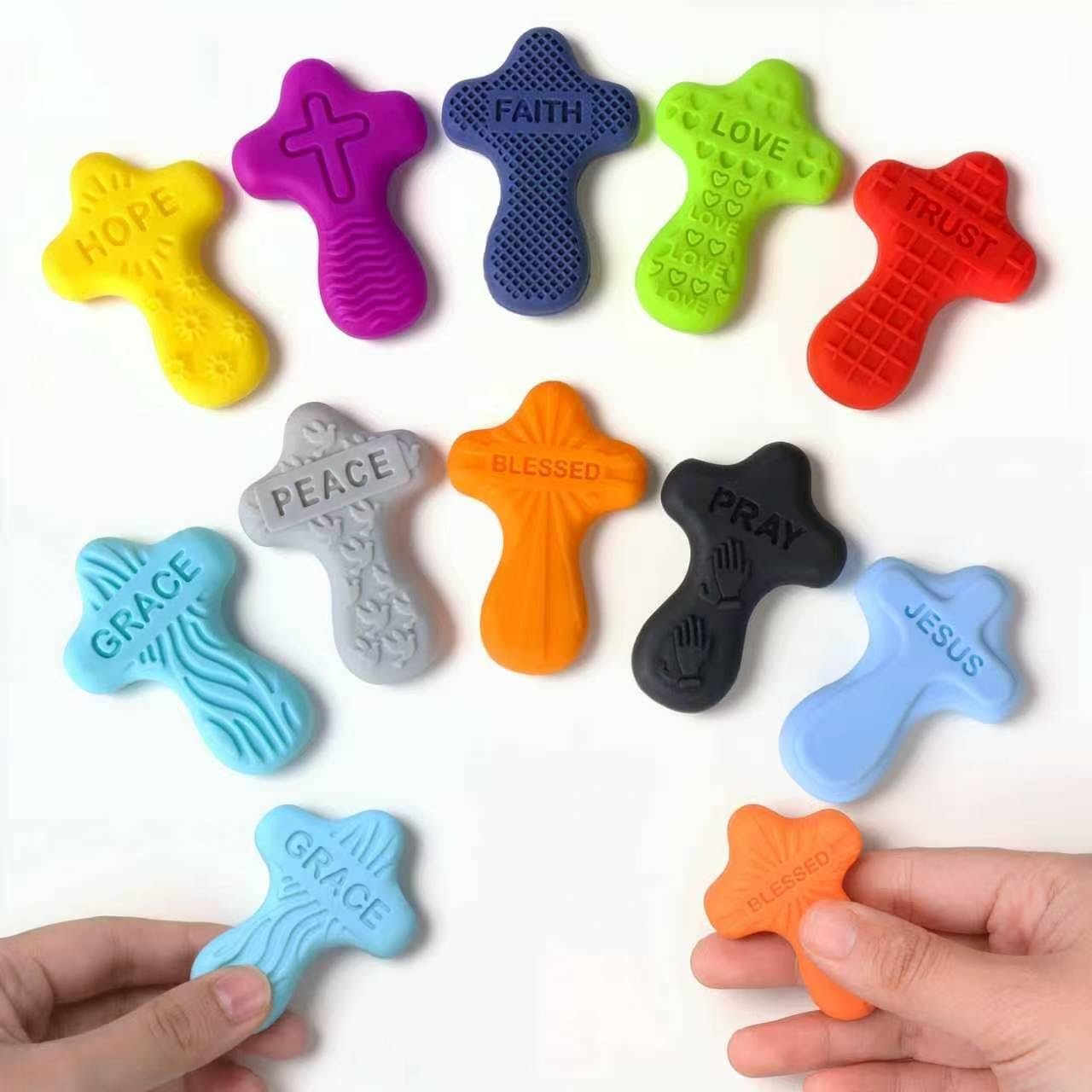 10 Pcs Silicone Cross Fidget, Textured Worry Pocket Jesus Cross, Teacher Gifts, Stress Religous Christian Gifts for Women,for Church Giveaways, Sunday School, Classroom Bible Accessories