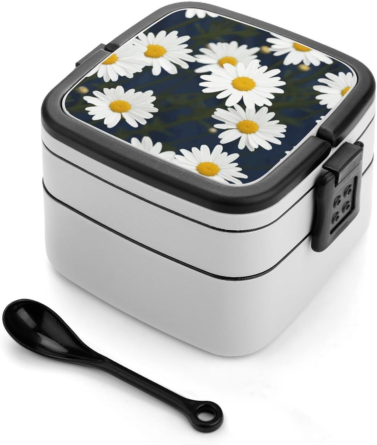 Bento Box Stackable Lunch Box with 2 Compartments Leak-Proof Food Storage Containers Flowers Daisy Bento Lunch Box for Adults Lunch Containers with Utensil Set, Black
