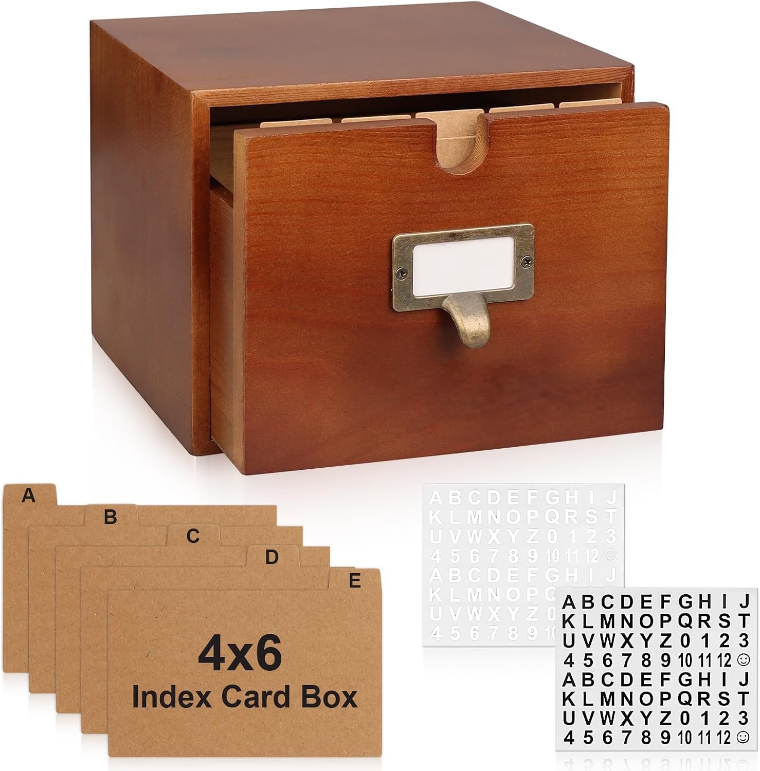 DLUGOPIS 4×6 Index Card Holder Wooden Index Card Storage Box with Drawers Brown Vintage Card Catalog Box Recipe Notecard Box 5 Index Cards Dividers 2 Letter Smile Stickers for School Office