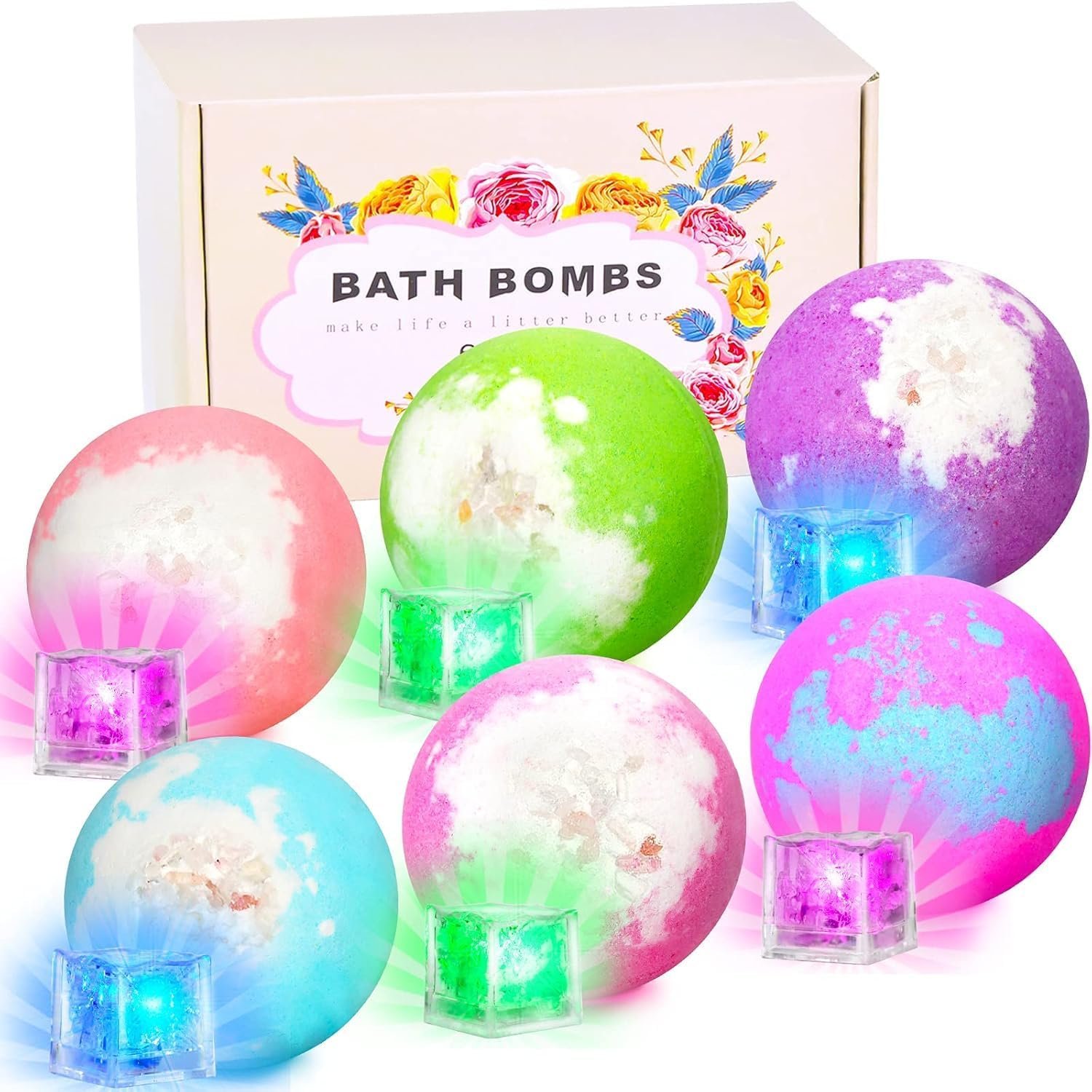 Light Up Bath Bombs with Surprise Inside, 4.23 oz XL Natural Gift Set 6