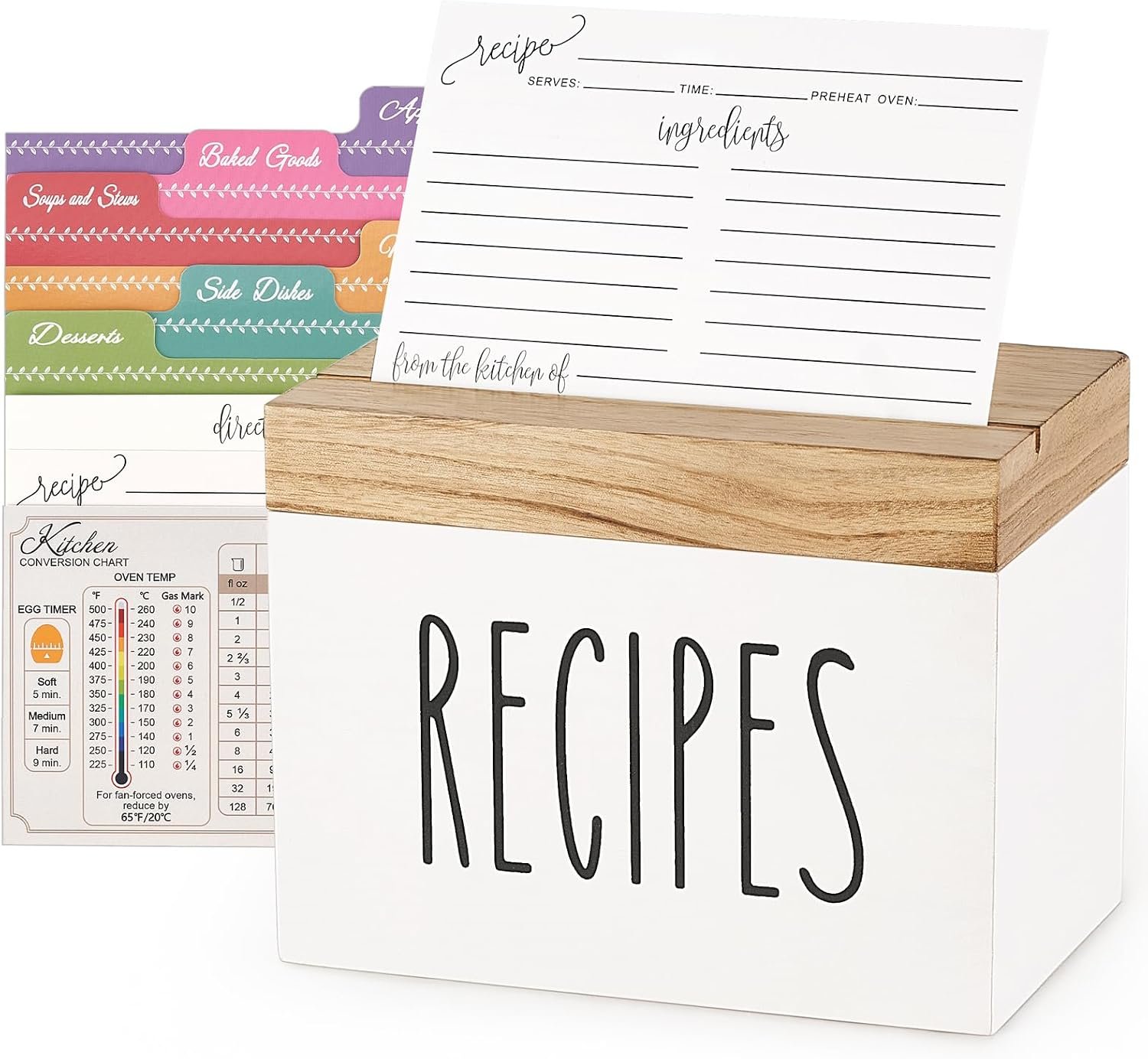 Dahey Wooden Recipe Box Set with 100 Recipe Cards 4×6 and 6 Dividers, White