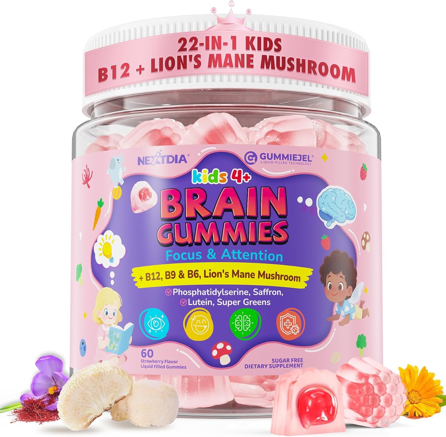 Kids Brain Gummies, Focus Supplement w/Lions Mane Mushroom, Brain Vitamins