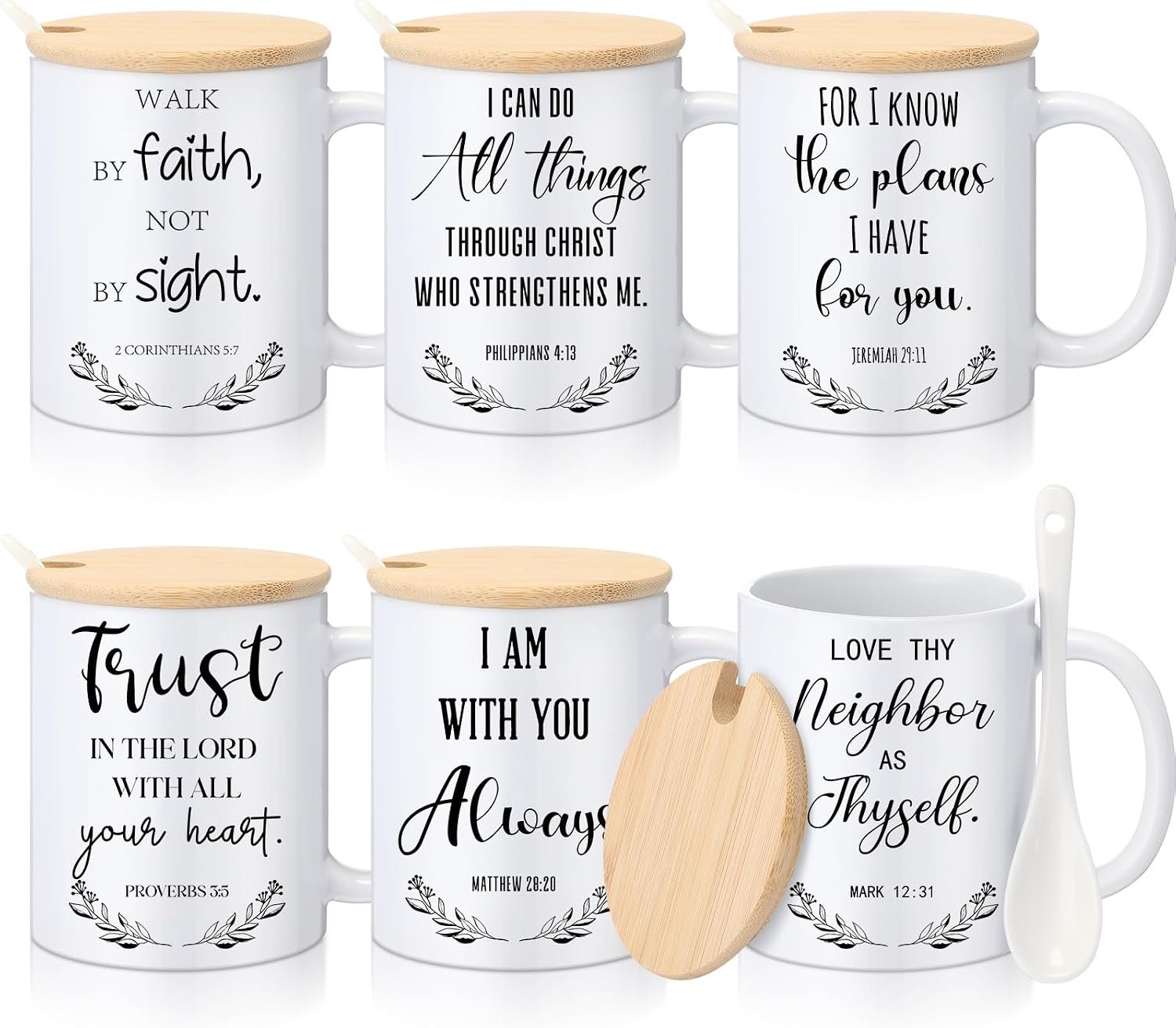 Maxdot 6 Sets Christian Gifts for Women Men Christian Mugs Bulk 12oz Coffee Mug with Lid Handle Spoon Religious Inspirational Scripture Ceramic Cup for Sunday School Vbs Grandparents(English)