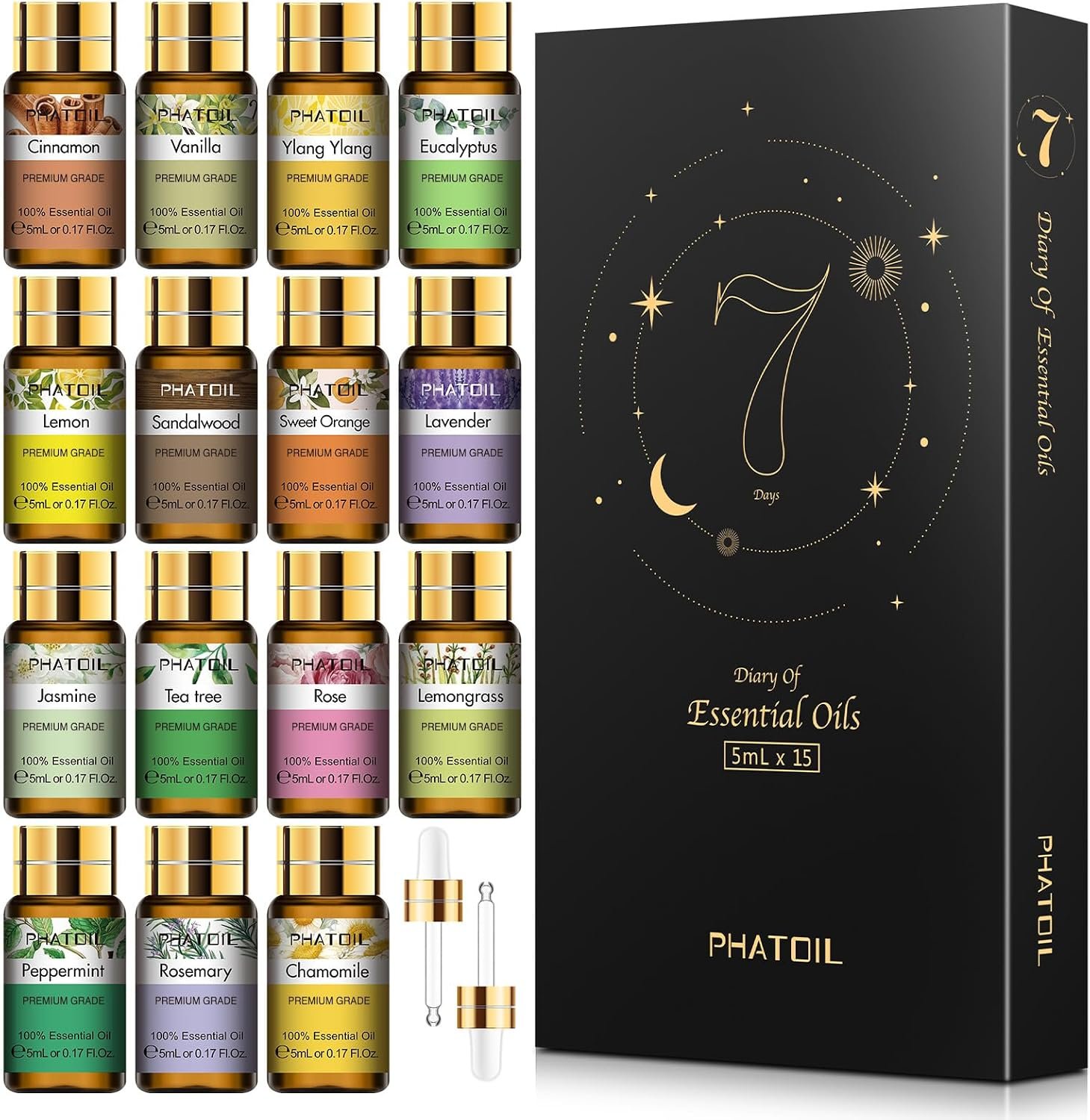 PHATOIL Essential Oil Gift Set for Diffuser, Skin Care, Massage, 15 x 5ml