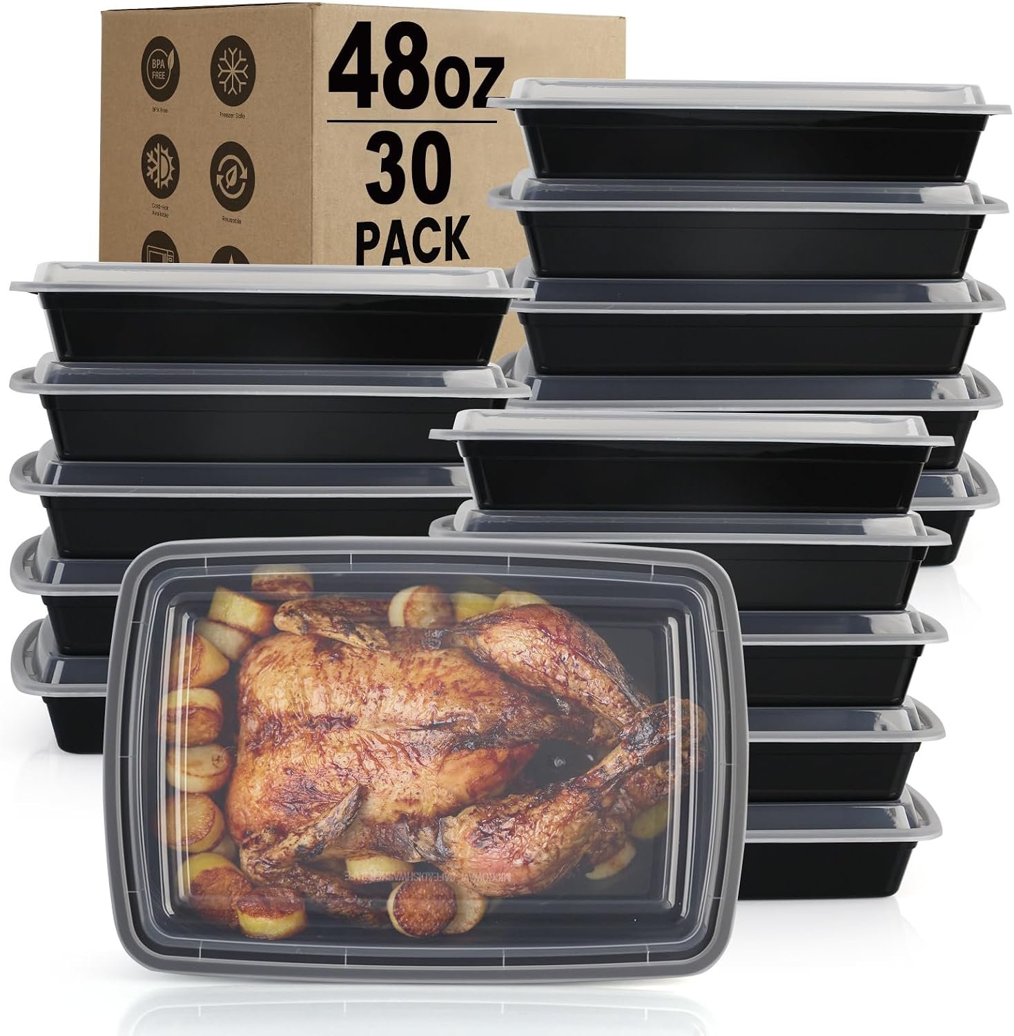 Meal Prep Containers Reusable – 48oz Food Storage Containers with Lids 30 Pack, To Go Food Containers for Meal Prep, Disposable To Go Containers with Lids, BPA Free, Microwave/Dishwasher/Freezer Safe