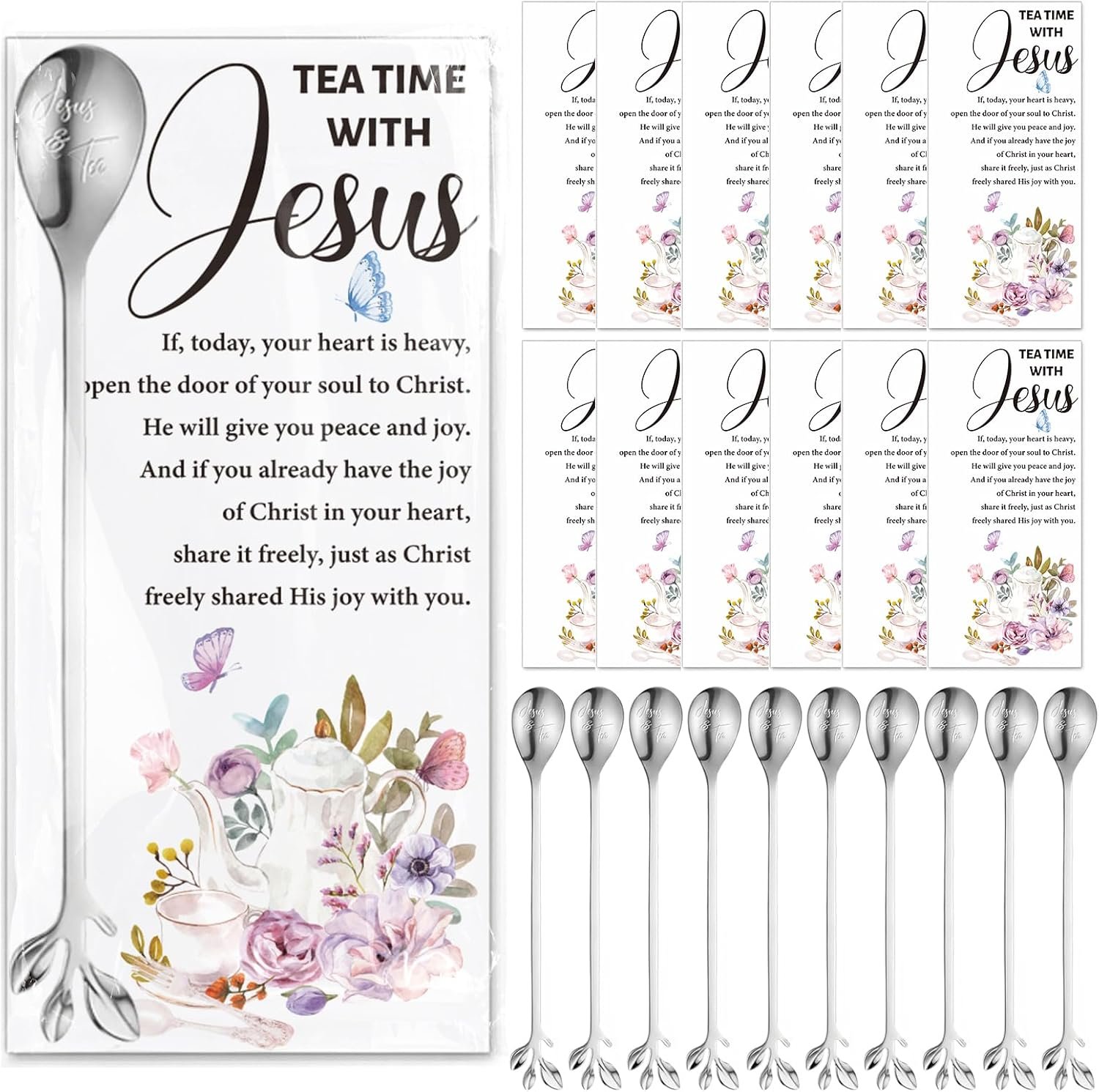 25 Sets Christian Tea Party Favor Spoons, Jesus and Tea Silver Teaspoons