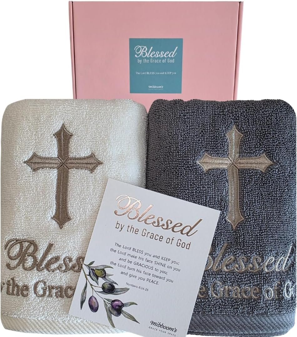 mibboom’s Christian Towels Gift Set, 2-Pack – 100% Cotton Cross Embroidered Hand Towels in Ivory & Dark Gray in Gift Box for Pastors, Christians, Women, and Friends – 16″ x 32″