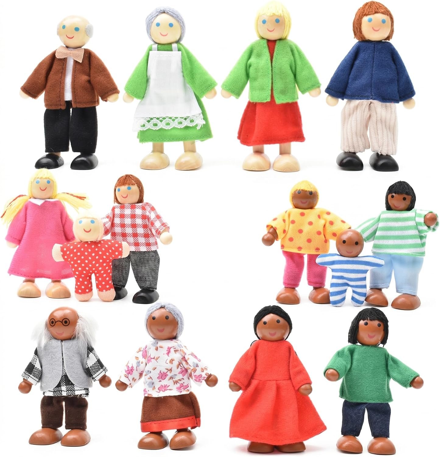 14 Pcs Wooden Dollhouse People Figures, Poseable Wooden Dolls for Girls, Multicultural Pretend Play Toy