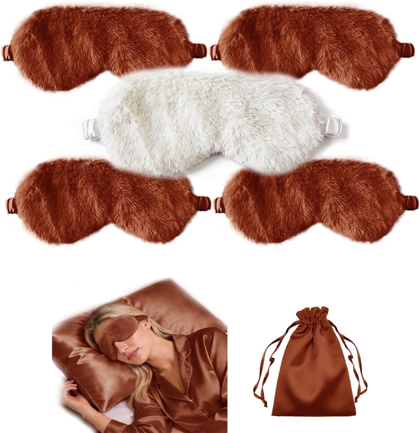 WJing Yi Jia Faux Fur Sleep Eye Mask, Soft Plush, Light Blocking, 5 Pack, for Travel, Napping, Parties, and Gifts (Maple, One Size)