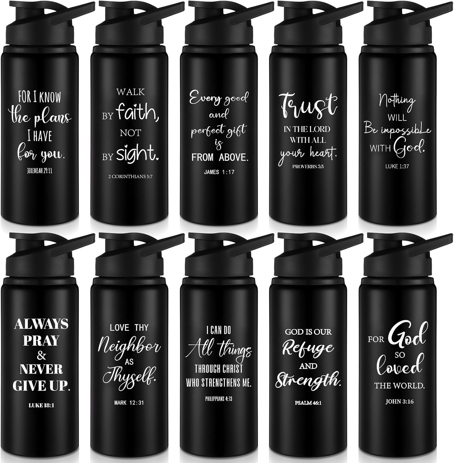 10 Pcs Christian Aluminum Water Bottles, Black, English