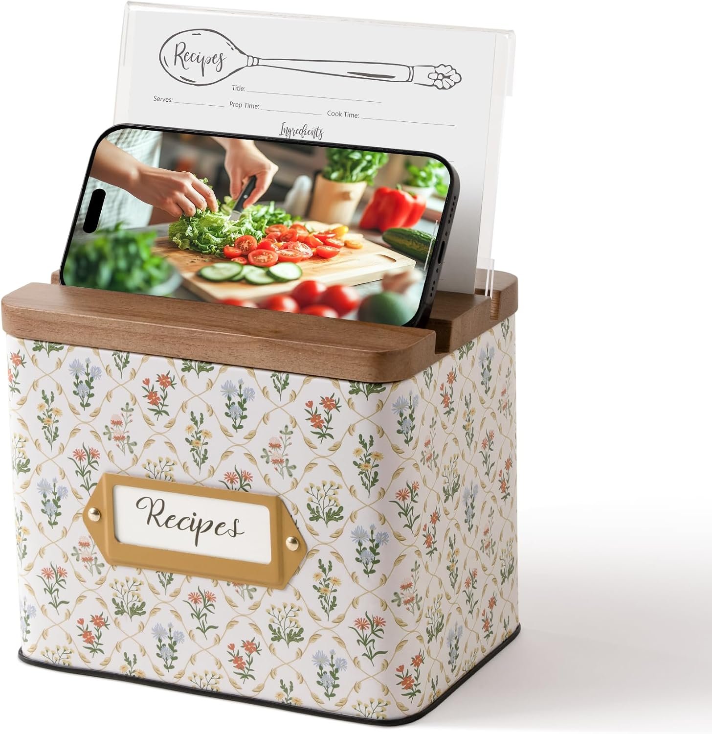 Cabbrix Recipe Box with 50 Cards and 24 Dividers, 4×6 Recipe Card Box Set, Wooden Lid with Phone Holder and Recipe Holder, Beautiful Metal Recipe Organizer, Flowing Gleam