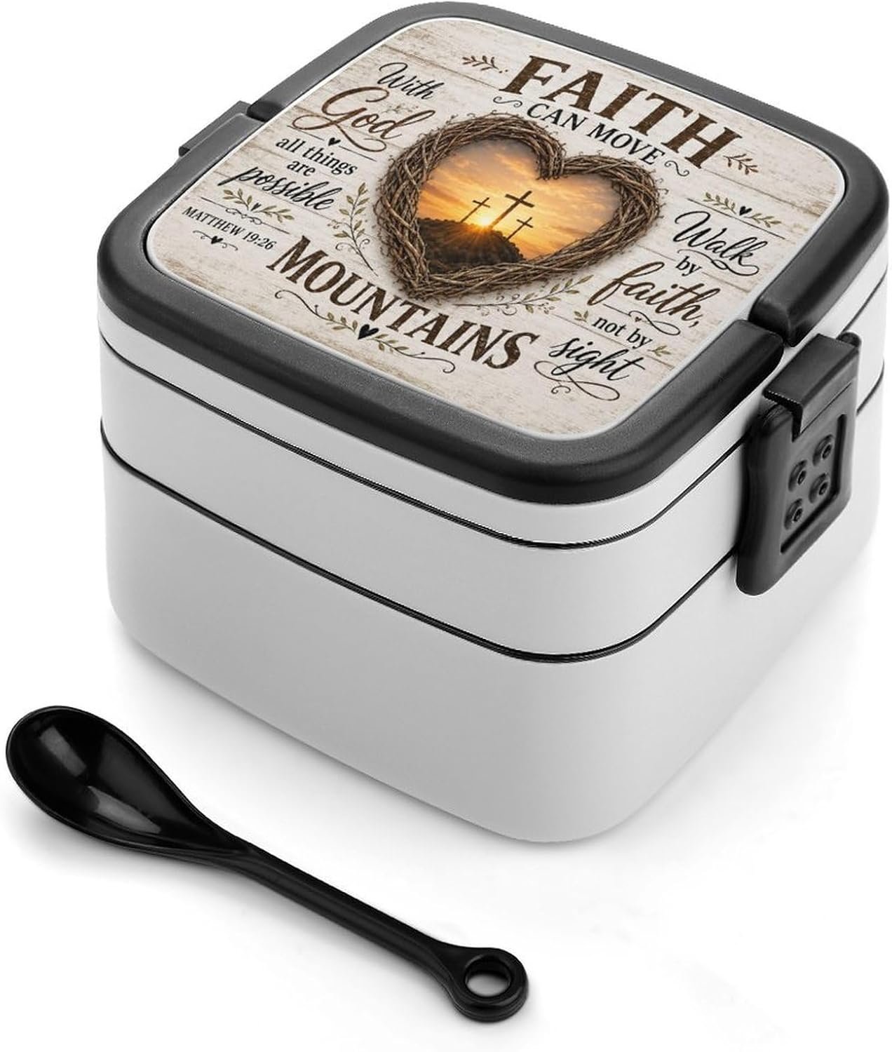 Faith Can Move Mountains With God Double Layer Bento Lunch Box, 2 Tier Divided Leakproof Food Storage Container with Spoon for Work Travel Picnic Camping