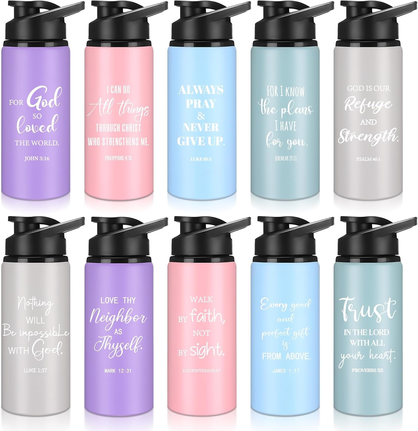 10 Pcs Christian Aluminum Water Bottles, Light Colors, English