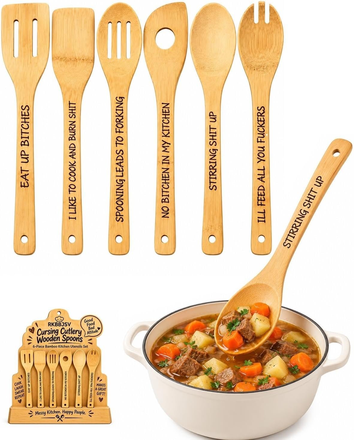 Cursing Cutlery Wooden Spoons, 6-Piece Bamboo Kitchen Utensils Set