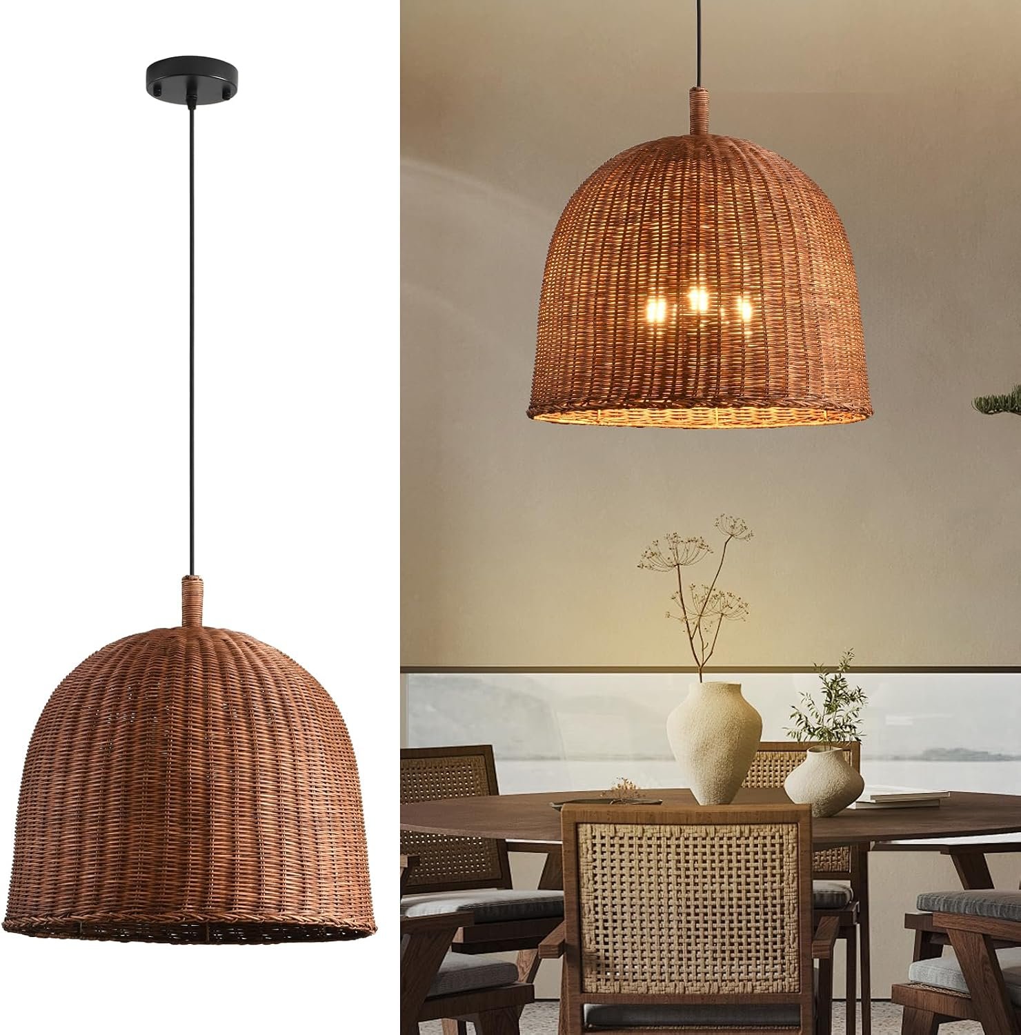 17.7″ Rattan Pendant Light,Woven Curry Wicker Chandelier