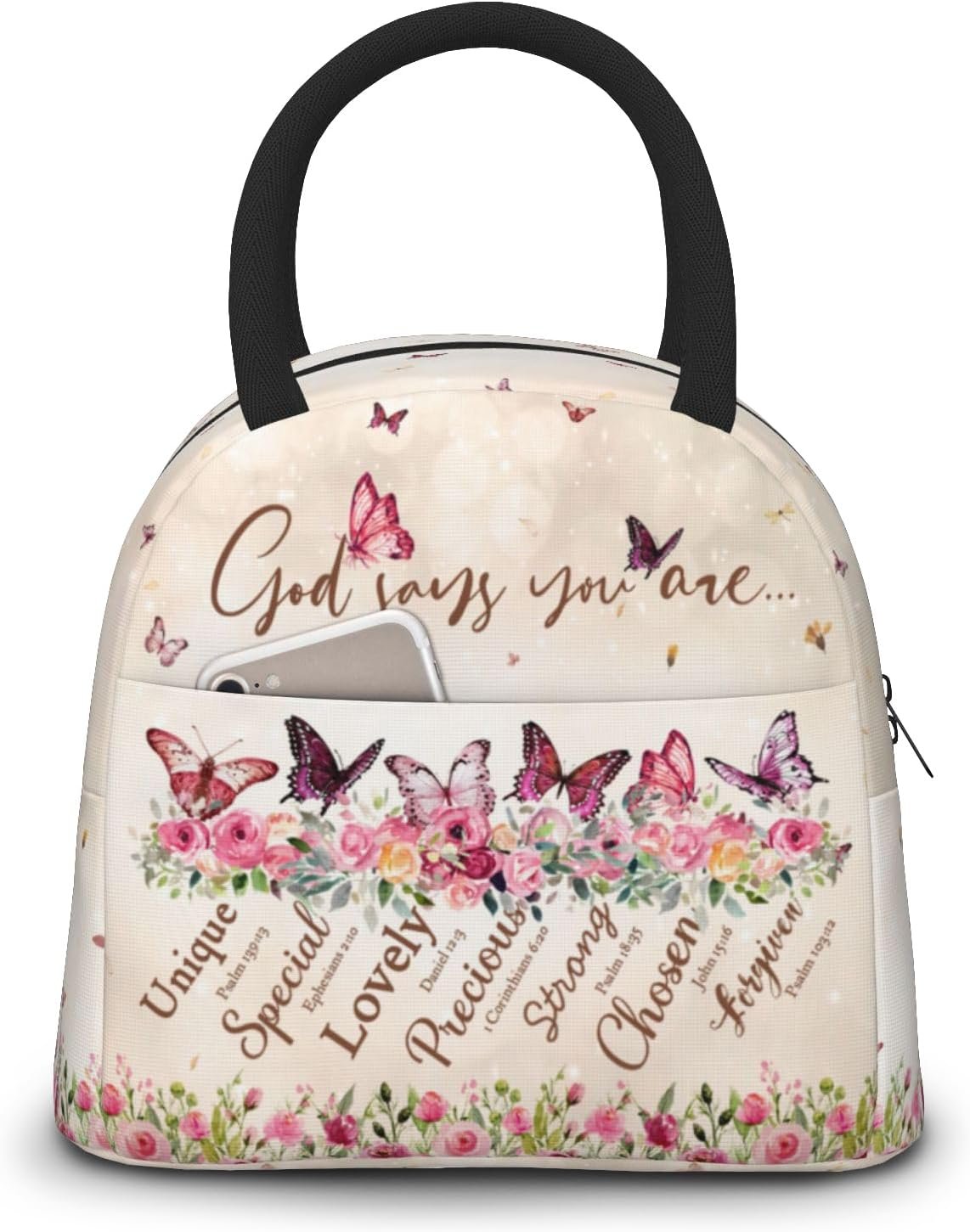 Bible Verses Lunch Bag for Women God Says You Are Controller Insulated Lunch Bag Butterfly Christian Scripture Lunch Box Reusable Waterproof Leakproof Portable Lunch Tote for Work Office Travel Picnic