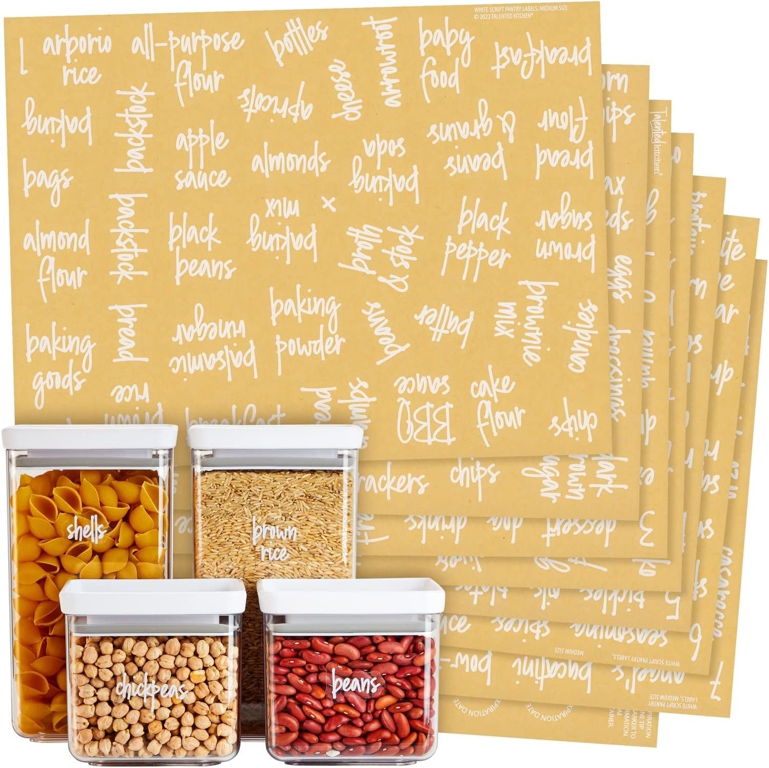 Talented Kitchen Kitchen Labels for Pantry Containers – 375-Pack, White Script on Clear Vinyl – Waterproof Preprinted Jar & Food Storage Container Labels – Kitchen Storage & Organization