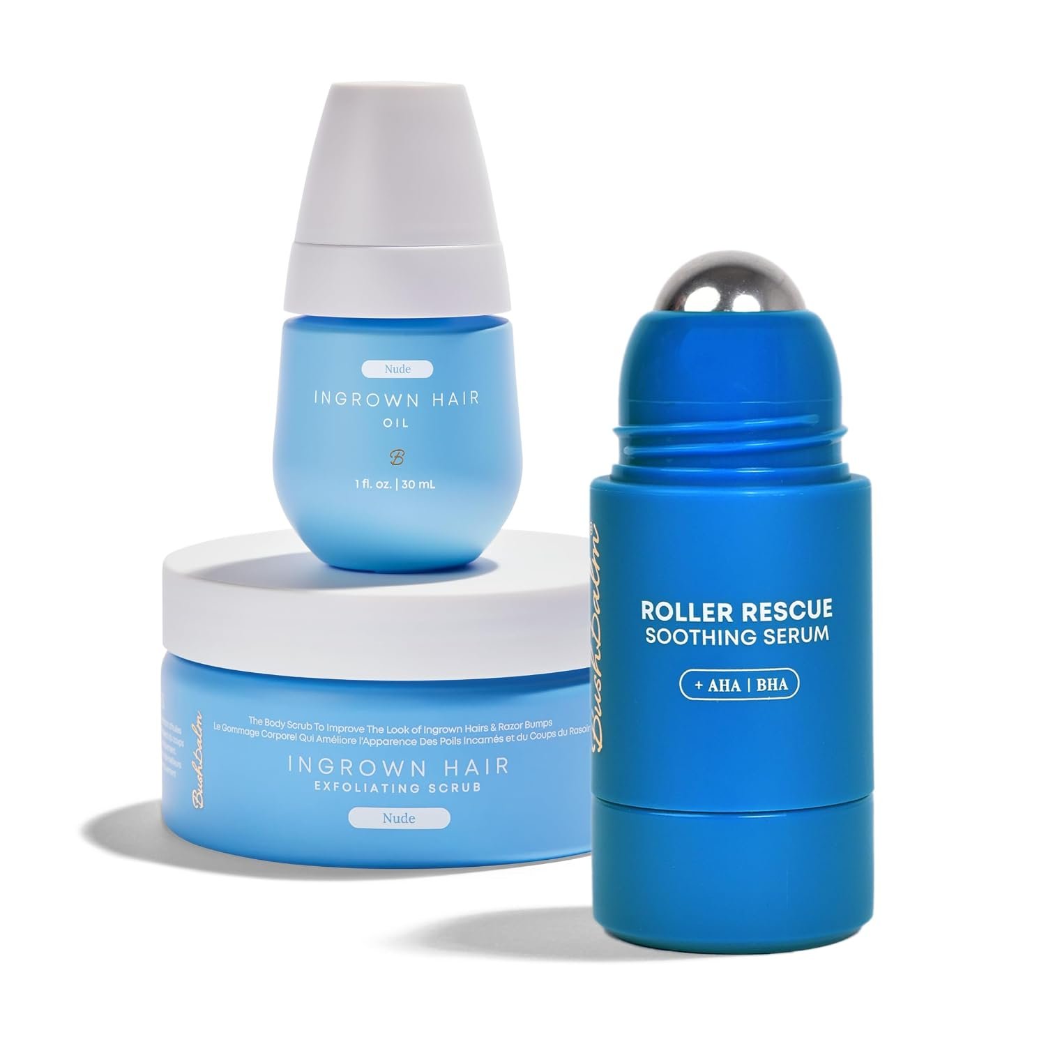 Bushbalm Ingrown Hair Routine – Roller Rescue, Nude Oil & Body Scrub