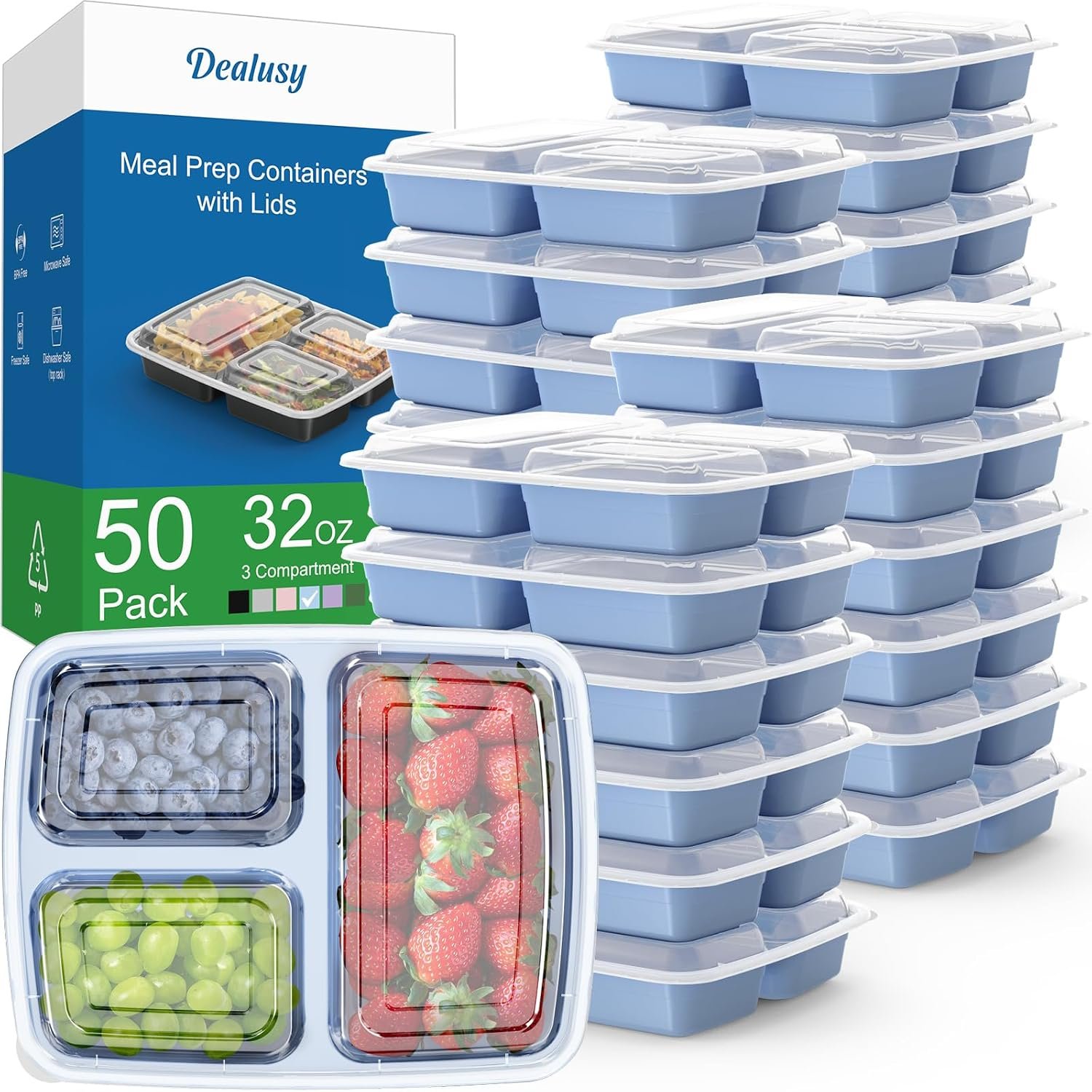 Dealusy 50 Pack 32 oz Meal Prep Containers with Lids 3-Compartment, Blue