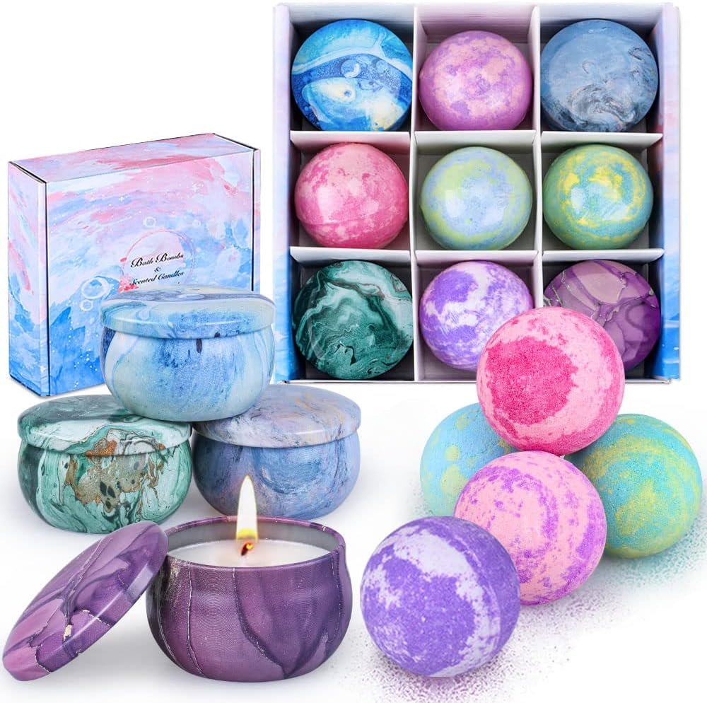 Bath Bombs Gift Set for Women, 5 Color Large Bubble Bathbombs Essential Oil with 4pcs Scented Candles, Fizzy Spa for Moisturizing Skin, Idea Valentine’s Day Gifts, Gifts for Wedding, Bridesmaid