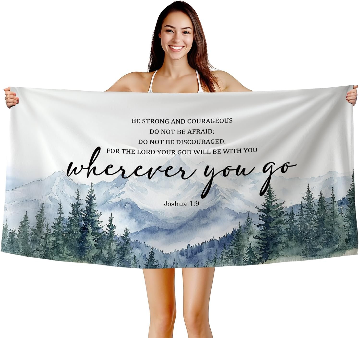 Christian Mountain Beach Towel, Scripture Bible Verse Joshua 1:9 Bath Towels for Bathroom Swimming Pool Gym, Religious Rustic Watercolor Microfiber Beach Towels Oversized Decor 30x60in