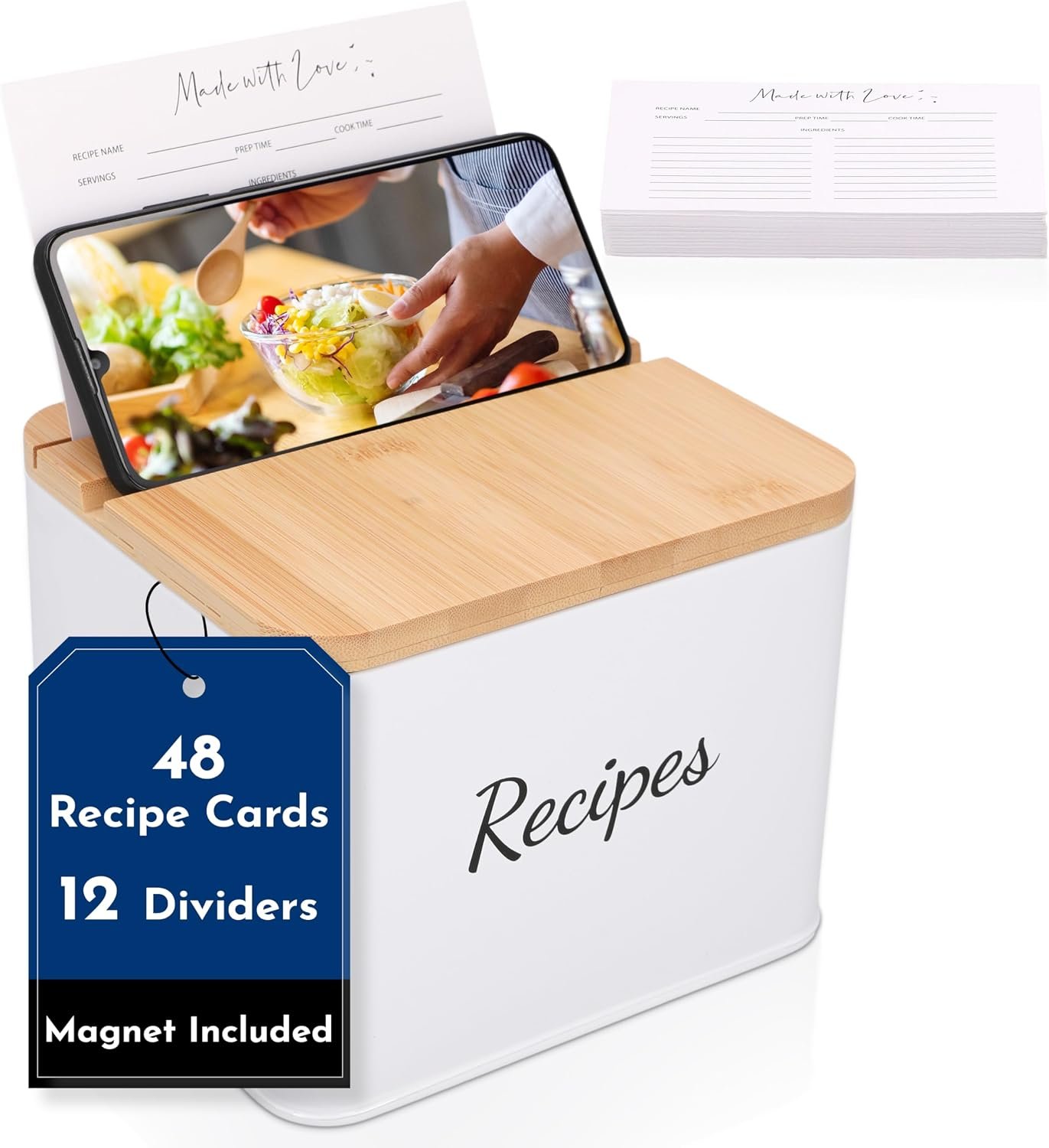 4×6 Recipe Cards and Box Set with Dividers – High-Capacity Tin Recipe Box with Wooden Lid – Includes 48 Double Sided Blank Recipe Cards – Cute and Customizable