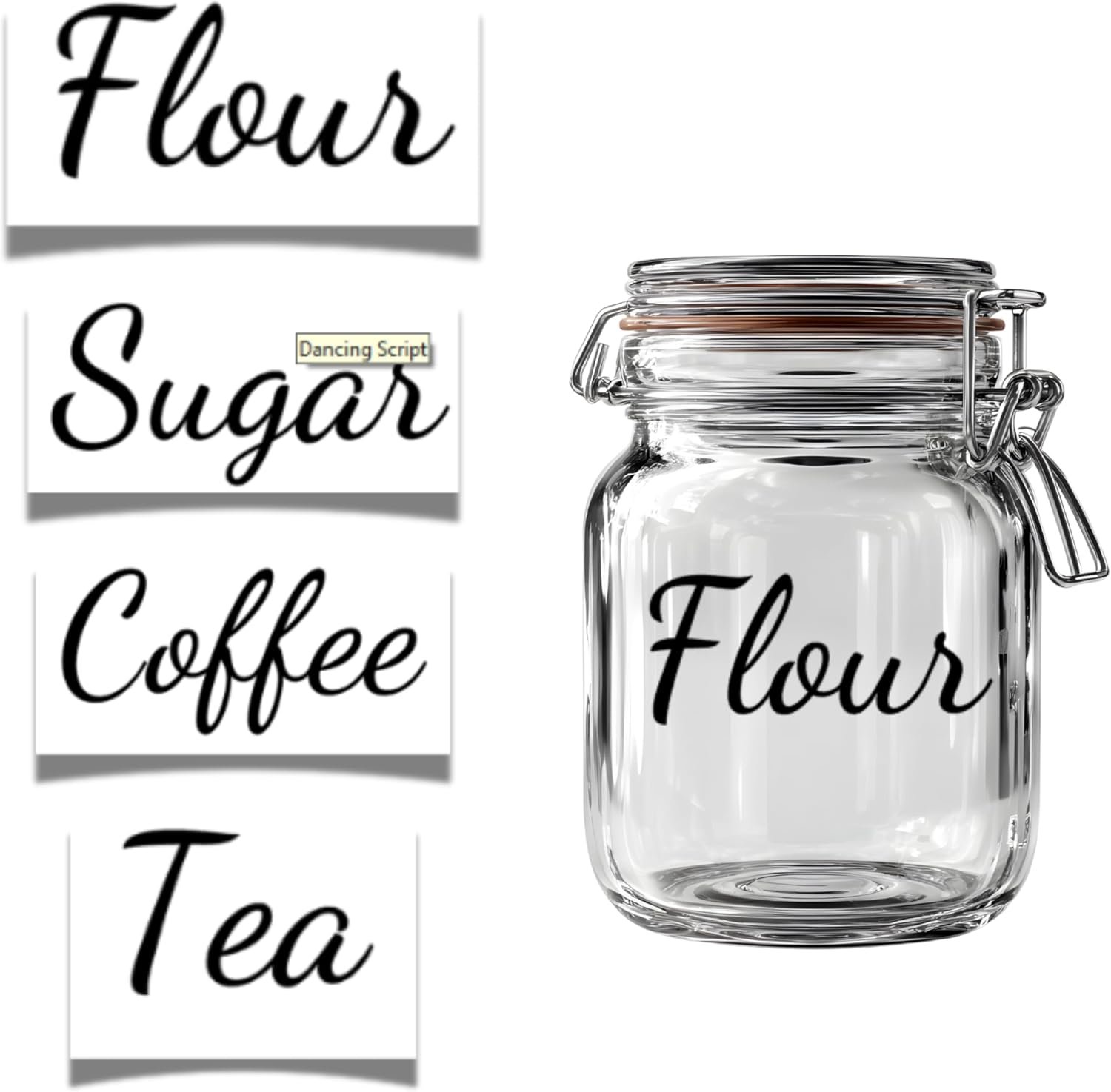 Script Kitchen Organization Labels for Flour, Coffee, Sugar, Tea Jars, Die Cut Sticker Decals