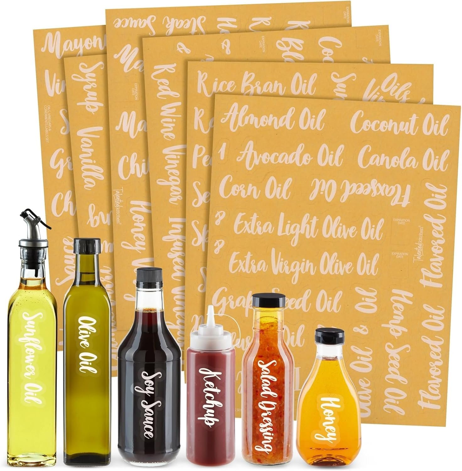 Talented Kitchen Kitchen Pantry Labels – 132 Clear Vinyl Cursive Stickers, White Font – Preprinted Condiment, Oil & Vinegar Labels for Bottles – Water Resistant Adhesive for Pantry Organization