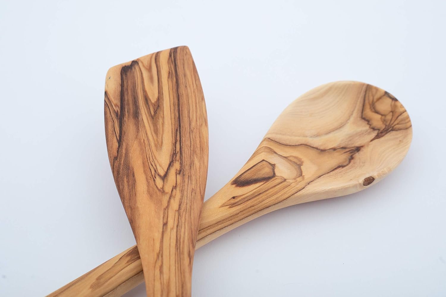 Handcrafted Olive Wood Cooking Spoon & Spatula (10 Inch Set of 2 Pieces) Carved by Talented Artists in Bethlehem, Practical Wooden Utensils Last for So Long, Resistant of Scratch