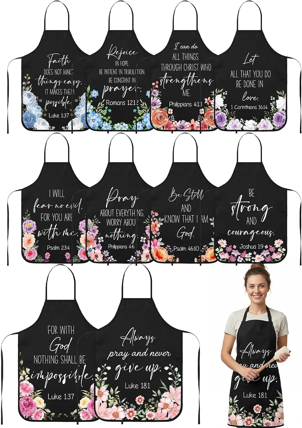 10 Pcs Christian Floral Kitchen Apron Bulk Religious Bible Verses Aprons