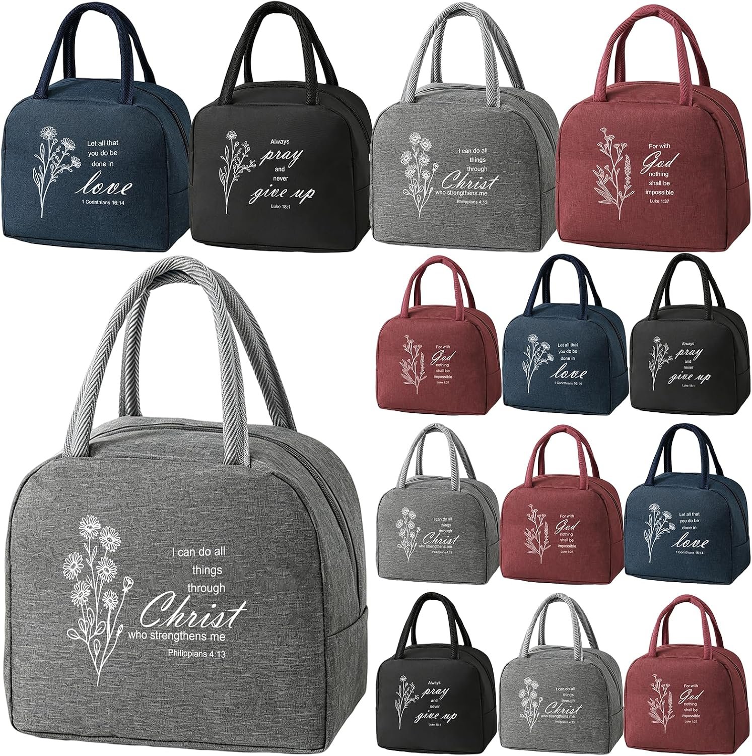 12 Pcs Christian Reusable Lunch Bags Bulk for Women Scripture Church Insulated Lunch Bags Religious Bible Gifts Waterproof Appreciation Totes for Back to School Employees Picnic
