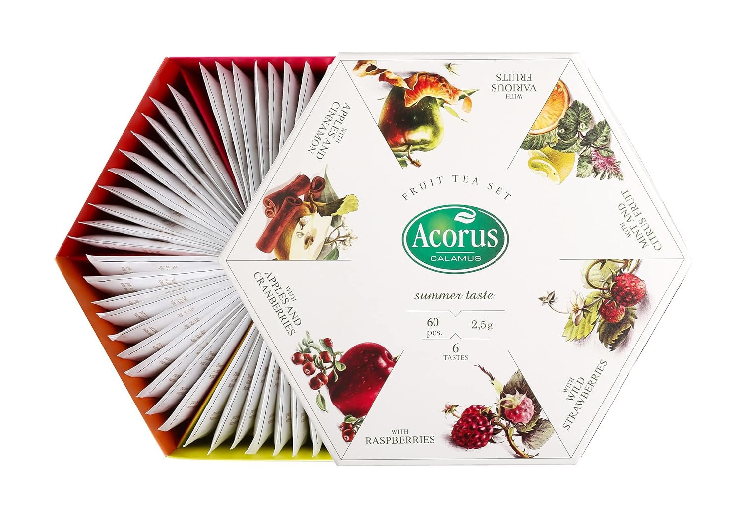 ACORUS Summer Taste Tea Set – Natural Assorted Tea Hamper Box Gift Set, Large Selection Box 60 Teas Bags, 6 Fruit and Berry Flavour Sampler, Perfect for Refreshing Iced Drinks
