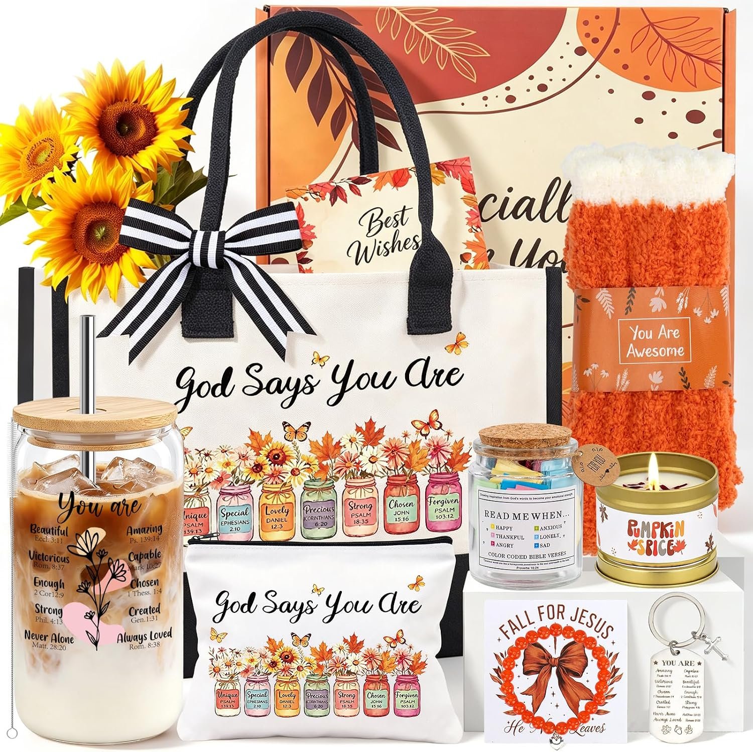 12pcs Fall Gifts Baskets for Women, Inspirational Christian Gift for Her