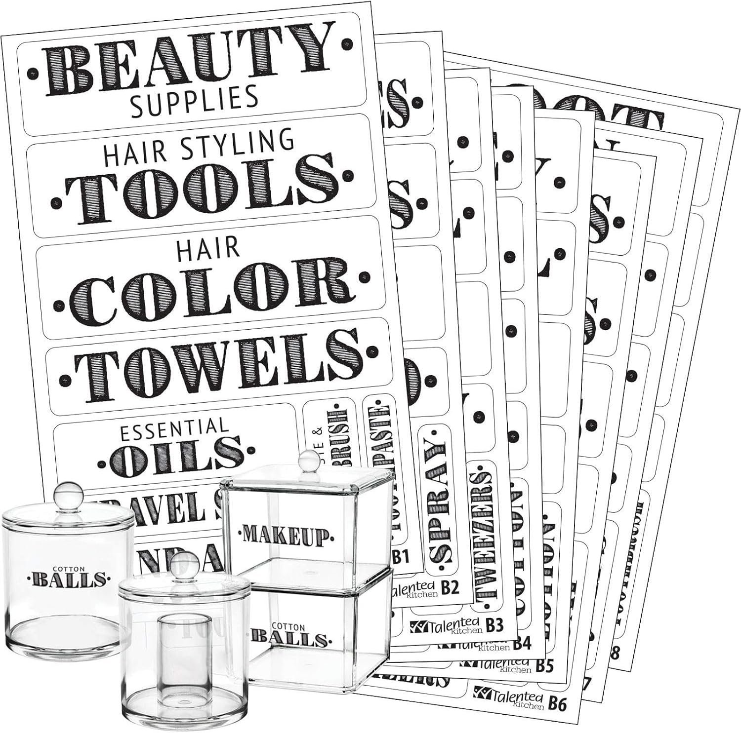 Talented Kitchen Farmhouse Bathroom Label Stickers – Water-Resistant Preprinted PVC Labels – Kitchen & Laundry Room Organization – Bathroom Storage & Container Tags – Pack of 72, Black on Clear