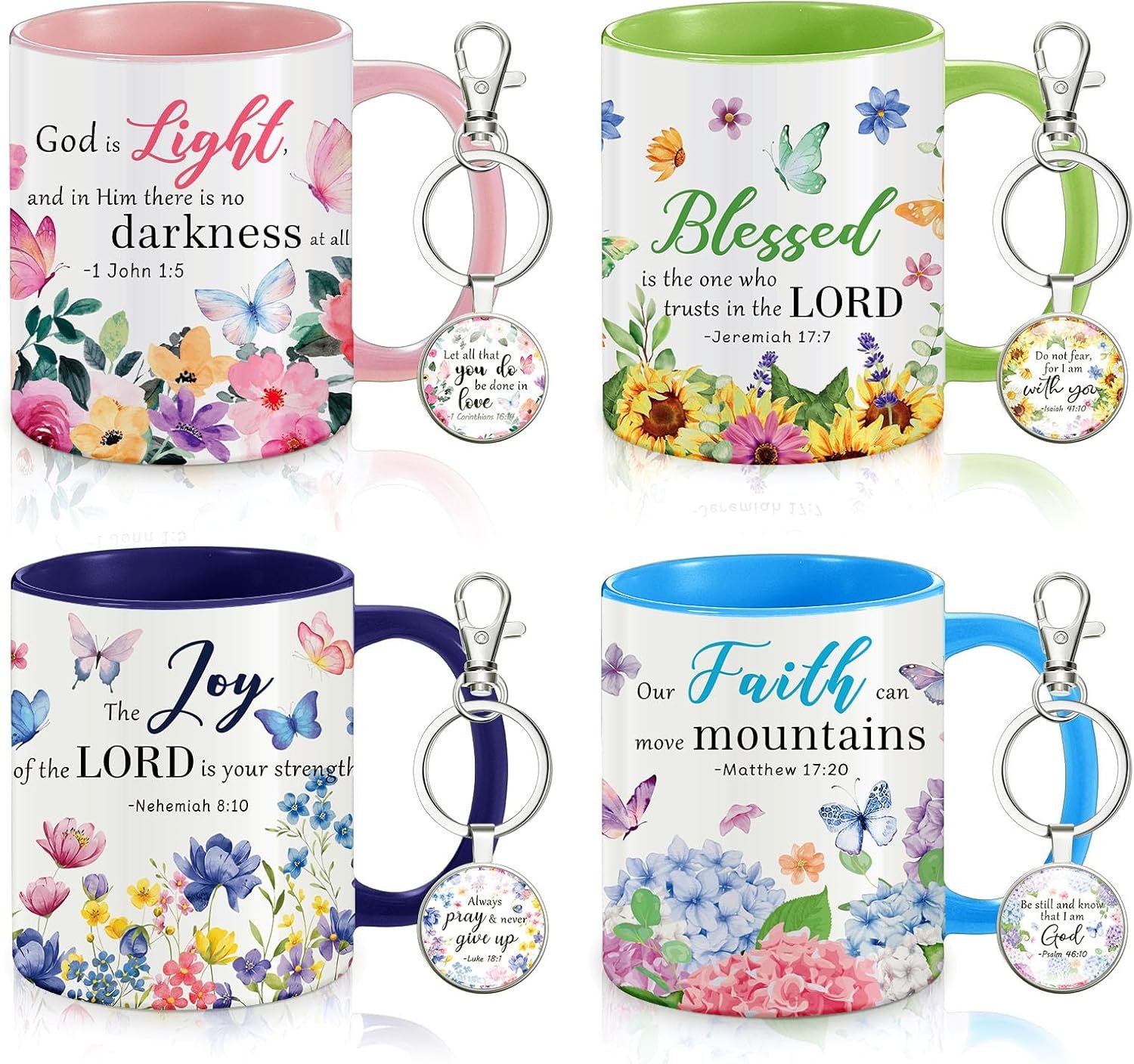 Ziliny 4 Sets Christian Gifts for Women, 11oz Floral Coffee Mugs with Bible Verse Keychains,Mother’s Day Christian Tea Cup Set, Inspirational Watercolor Flower Appreciation Gift